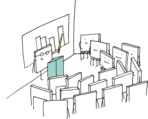 Illustration: Dozierender steht vor einer Gruppe im Halbkreis Sitzender Figuren und zeigt auf ein Diagramm. Alle Figuren haben die Form eines Quadrats mit Armen und Beinen, Gesichter im Quadrat.
