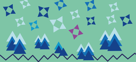 Grafische Darstellung:  Gruppen von Weihnachtsbäume aus drei gestapelten Dreiecken zusammengesetzt, Schneeflocken aus jeweils 4 Dreiecken zusammengesetzt, alles in verschiedenen blau- und Weißtönen. Eine Schneeflocke ist magenta. Hintergrund hellgrün.