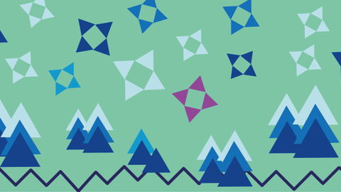 Grafische Darstellung:  Gruppen von Weihnachtsbäume aus drei gestapelten Dreiecken zusammengesetzt, Schneeflocken aus jeweils 4 Dreiecken zusammengesetzt, alles in verschiedenen blau- und Weißtönen. Eine Schneeflocke ist magenta. Hintergrund hellgrün.