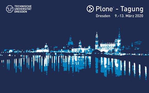 Grafik zur Plone-Tagung zeigt die Dresdner Skyline und findet vom 9.-13. März 2020 in Dresden statt