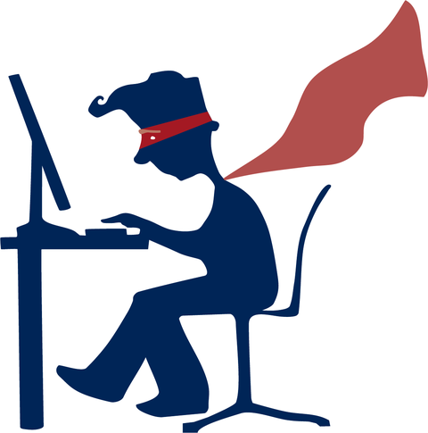 Die Illustration zeigt eine Person als Superheld verkleidet. Diese sitzt am Schreibtisch und tippt etwas in den Laptop ein. Die Person trägt eine Maske und einen wehenden Umhang.