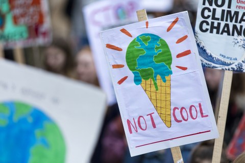 Photo of people with protest posters against climate change.