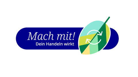 Grafik: der Hintergrund ist weiß. Darauf befindet sich ein Sechseck in blauer Farbe. In der Mitte des Sechsecks steht auf einem blauen Hintergrund MITMACHEN.