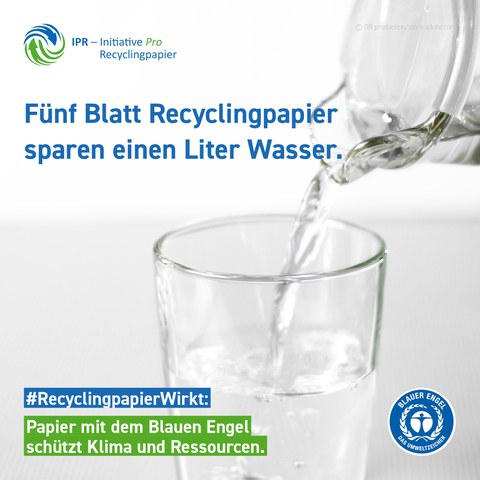 Ein Glas, in das Wasser gefüllt wird und dazu der Text: „Fünf Blatt Recyclingpapier sparen ein Liter Wasser. #recyclingpapierwirkt: Papier mit dem Blauen Engel schützt Klima und Ressourcen.“