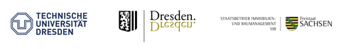 Logos des Projektkonsortiums der TU Dresden, Landeshauptstadt Dresden und des Staatsbetrieb Sächsisches Immobilien- und Baumanagement