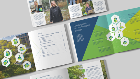Photo of the sustainability brochure lying open on a table