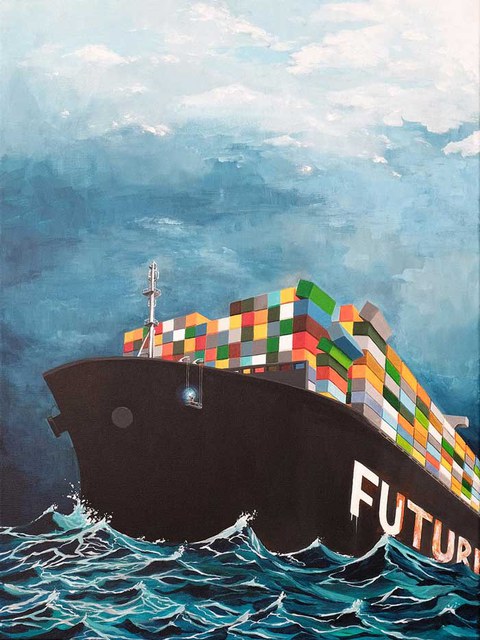 Plakat mit Containerschiff und der Aufschrift "Future"