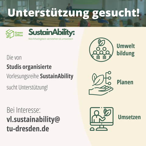 Eine Werbeanzeige für die Suche von Mitgliedern für die SustainAbility Vorlesung