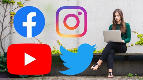 Junge Frau sitzt mit einem Laptop auf einer Parkbank. Links von ihr sind die Logos verschiedener Social Media-Plattformen abgebildet.