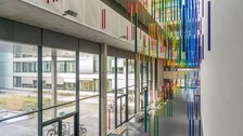 Foto: Kunstinstallation von Roland Fuhrmann mit bunten hängenden Röhren im Chemieneubau.