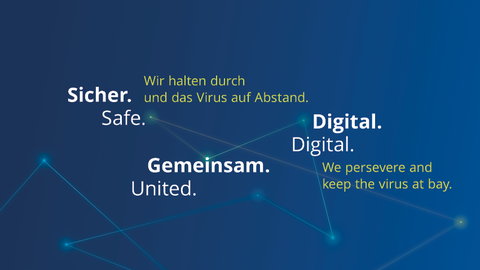 Grafik mit folgenden Textelementen: Sicher. Gemeinsam. Digital. Wir halten durch und das Virus auf Abstand.