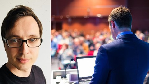 Fotocollage, links ein Porträtfoto von Prof. Chernikov, rechts der Blick über den Rücken von Prof. Chernikov in einen vollen Hörsaal