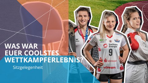 Rechts drei Sportler, links der Schriftzug: "Sitzgelegenheit - Studium und Leistungssport" 