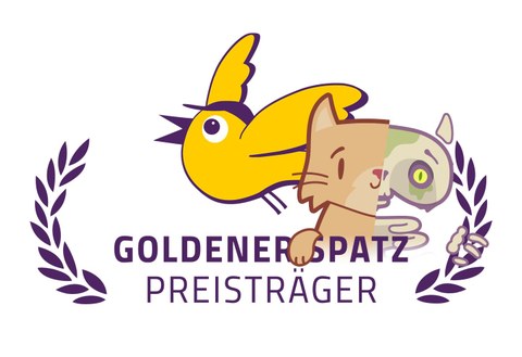 "Goldener Spatz - Preisträger" in einem Lorbeerkranz, dahinter in der Mitte die Zeichnung des Goldenen Spatzes, rechts daneben die "Katze Q"