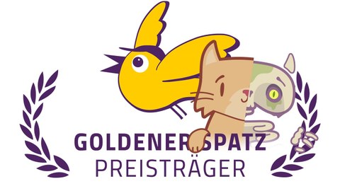 "Goldener Spatz - Preisträger" in einem Lorbeerkranz, dahinter in der Mitte die Zeichnung des Goldenen Spatzes, rechts daneben die "Katze Q"