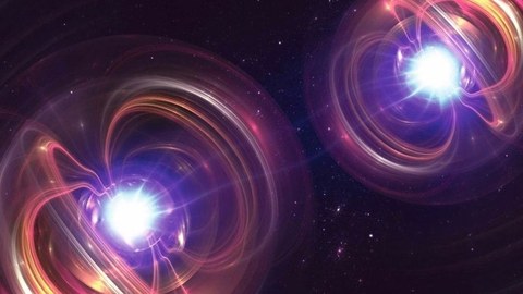Zwei helle Lichtpunkte vor dunklem Grund. Wie von Magnetfeldern sind sie von Lichtstreifen umgeben.