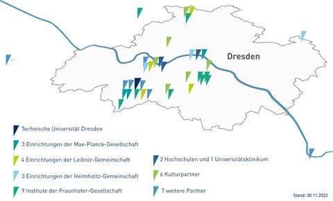 Dresdner Stadtkarte mit den Partnern des DRESDEN-concept Science and Innovation Campus' 