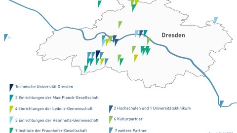 Dresdner Stadtkarte mit den Partnern des DRESDEN-concept Science and Innovation Campus' 