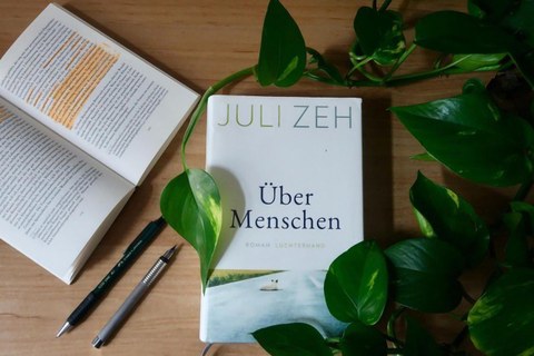 Juli Zeh's book "About People" lies on a table, to the left of it there is an open book with passages highlighted in orange, to the right a climbing plant.