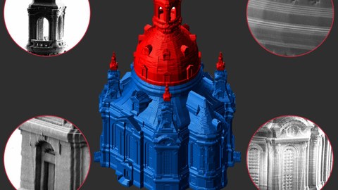 Computeranimation der Dresdner Frauenkirche, die Kuppel rot, der Rest blau markiert.