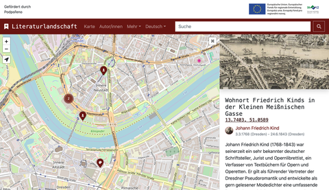 Links ein Kartenausschnitt von Dresden mit Altstadt und Elbe, rechts ein erklärender Text zum Wohnort Friedrich Kinds in der Kleinen Meißnischen Gasse