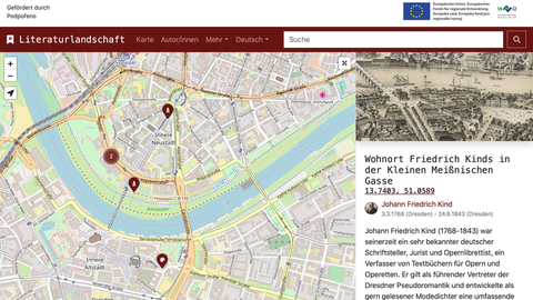 Links ein Kartenausschnitt von Dresden mit Altstadt und Elbe, rechts ein erklärender Text zum Wohnort Friedrich Kinds in der Kleinen Meißnischen Gasse