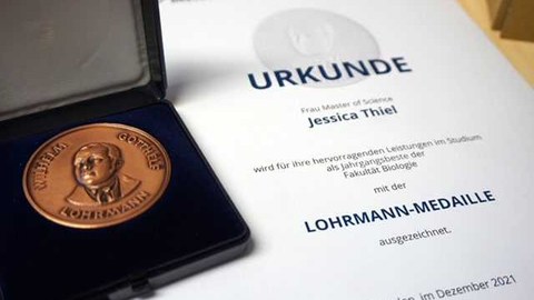 Rechts eine Urkunde zur Verleihung des Lohrmannpreises, links die Lohrmann-Medaille in einer geöffneten, schwarzen Box.