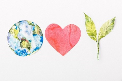 Grafik der Erde, daneben ein Herz, daneben ein Pflanzentrieb.