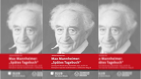 Bildcollage zur Lesung von Max Mannheimer, in der Mitte sein Porträt, darunter der Text: Max Mannheimer, Lesung "Spätes Tagebuch" mit Dateils zur Veranstaltung