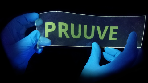 Zwei blaue Hände halten ein Schild mit der Aufschrift PRUUVE