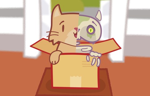 Karrikatur einer Katze, die aus einer Kiste schaut. Der rechte Teil ist als Skelett dargestellt.