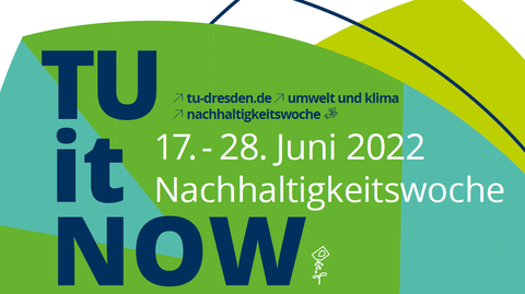 Flyer in Meerfarben. Links nach unten geschrieben: TU it NOW. mittig in weiß daneben: 17. - 28. Juni 2022, Nachhaltigkeitswoche