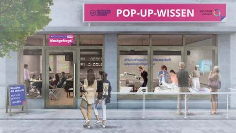 Ein Geschäft "TU Dresden, POP-UP-WISSEN, Dresden concept", junge Leute gehen hinein.