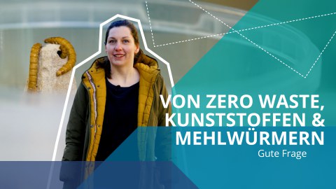 Eine Junge Frau in der Mitte, links daneben drei Würmer, rechts der Schriftzug: Von Zero Waste, Kunststoffen und Mehlwürmern. Gute Frage 