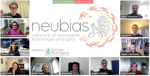 Collage mit Fotos von Teilnehmern in einer Videokonferenz. In der Mitte das Logo von "neubias - network of european bioimage analysts"