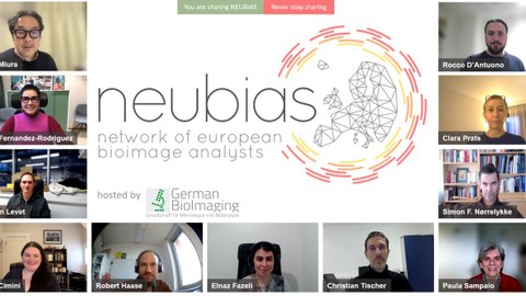 Collage mit Fotos von Teilnehmern in einer Videokonferenz. In der Mitte das Logo von "neubias - network of european bioimage analysts"
