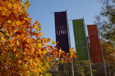 Foto von drei Fahnenmasten mit blau, grün und roter Flagge. Sie beinhalten den Text "Eine Uni", "125 Nationalitäten", "45000 Menschen".