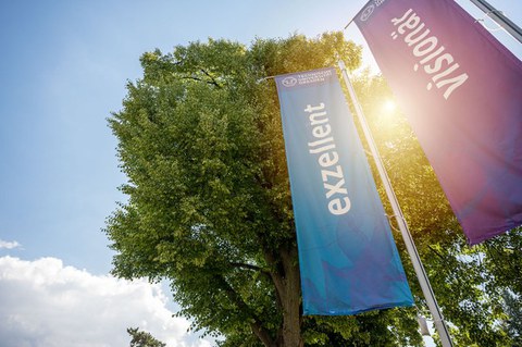 2 TUD-Banner mit der Aufschrift "excellent" und "visionär" vor einem Baum