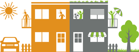 Grafik eines zweigeteilten Hauses, links orange ohne Hitzeschutz, rechts grün mit Hitzeschutz