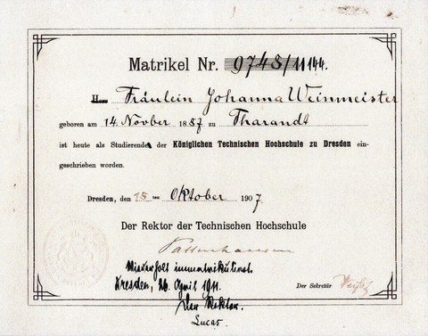 Bild der Immatrikulationsurkunde von Johanna Weinmeister