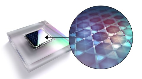 Visualisierung Quantenchip, rechts daneben in einem Kreis Vergrößerung der Chip-Oberfläche.