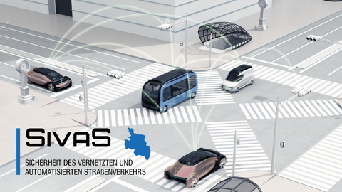 Grafik einer Kreuzung und vier elektronisch miteinander kommunizierenden Fahrzeugen, durch weiße Bögen symbolisiert. Beschriftet mit: SIVAS Sicherheit des vernetzten und automatisierten Straßenverkehrs.