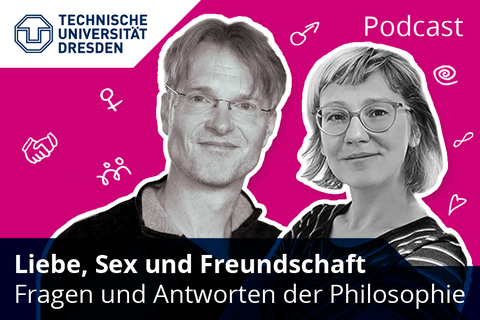 Schwarz-weiß Fotos von Markus Tiedemann und Katrin Tominski als Collage auf pinkem Grund mit Podcasttitel und Symbolen von Liebe, Freundschaft und Sexualität