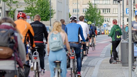 Gruppe von Radfahrern in der Stadt, Blick von hinten