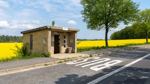 Altes Haltestellenhäuschen vor einem Rapsfeld