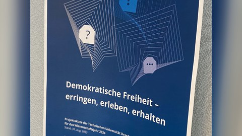 Buchcover in Blau mit der Aufschrift: Demokratische Freiheit, darunter erringen, erleben. Darunter in kleiner Schrift: Projektskizze der Technischen Universität Dresden, darunter für das Wissenschaftsjahr 2024. Darunter Stand: 31. Aug. 2023, erhalten.