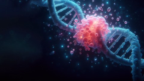 Eine 3D-Visualisierung auf schwarzem Hintergrund. In der Bildmitte befindet sich eine Wolke aus rosafarbenen bis orangefarbenen Blasen. Die Blasen konzentrieren sich auf eine blaue DNA-Helix, die sich durch das Bild zieht. 