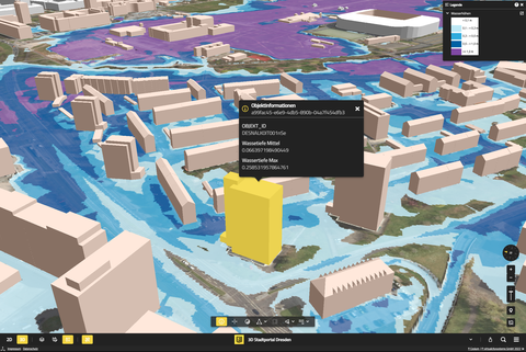 3D model of parts of Dresden with flood simulation.