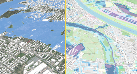 Image of a 3D map model of Dresden. In the center of the image is a vertically aligned slider. On the left is a simulated hundred-year flood, on the right an extremely heavy rainfall event.