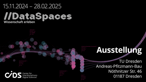 Titelbild der Ausstellung //DataSpaces mit Angabe des Ortes (Andreas-Pfitzmann-Bau der TU Dresden) sowie des Ausstellungszeitraums (15.11.2024 bis 28.2.2025).